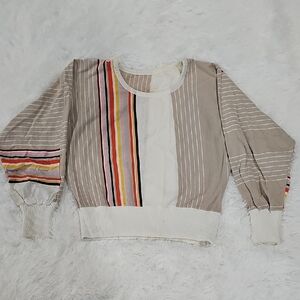 Vintage Beige And Cream Lightweight Sweater With Multicolor Accent Stripes Sz S